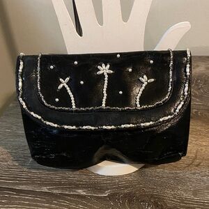 Vintage Black Lined Beaded Small Clutch Faux Pearls 7x5 GUC